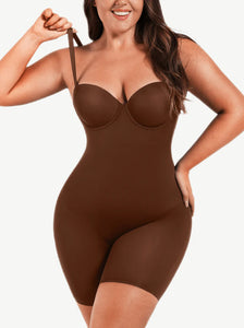 Reta Fancy Cupped Mid-Thigh Tummy Control Bodysuit Shapewear brown in color front  photo