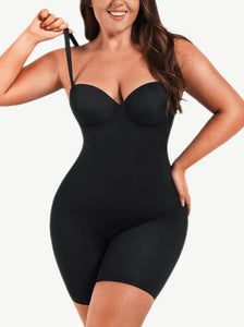 Reta Fancy Cupped Mid-Thigh Tummy Control Bodysuit Shapewear black in color front photo
