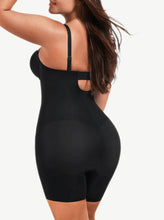 Load image into Gallery viewer, Reta Fancy Cupped Mid-Thigh Tummy Control Bodysuit Shapewear black in color back photo