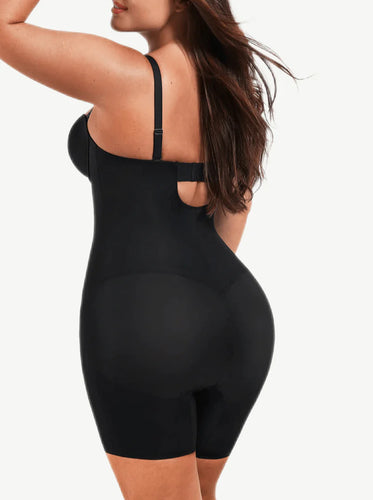 Reta Fancy Cupped Mid-Thigh Tummy Control Bodysuit Shapewear black in color back photo