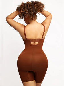 Reta Fancy Cupped Mid-Thigh Tummy Control Bodysuit Shapewear brown in color back photo