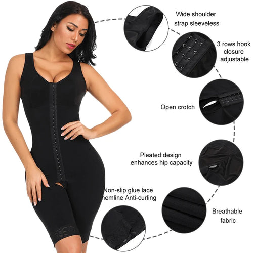 Reta Ultimate Stretch Nude Hooks Crotchless Unpadded Fajas Bodysuit Shapewear features photo in black front photo